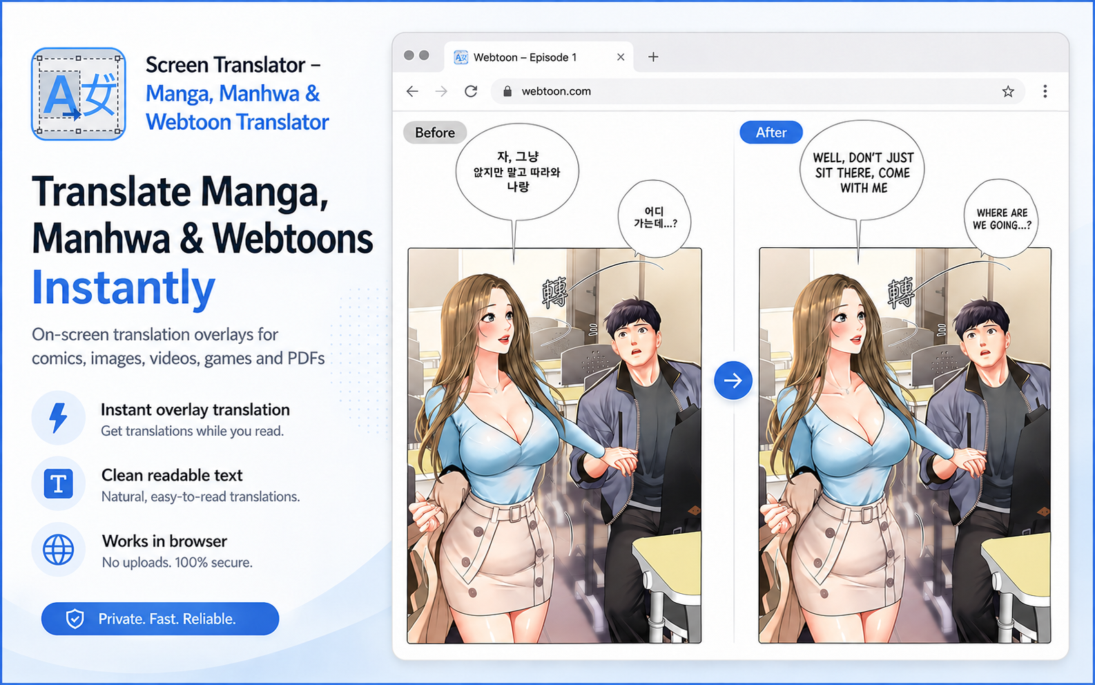 Screen Translator showing a Korean webtoon before translation and the translated English result